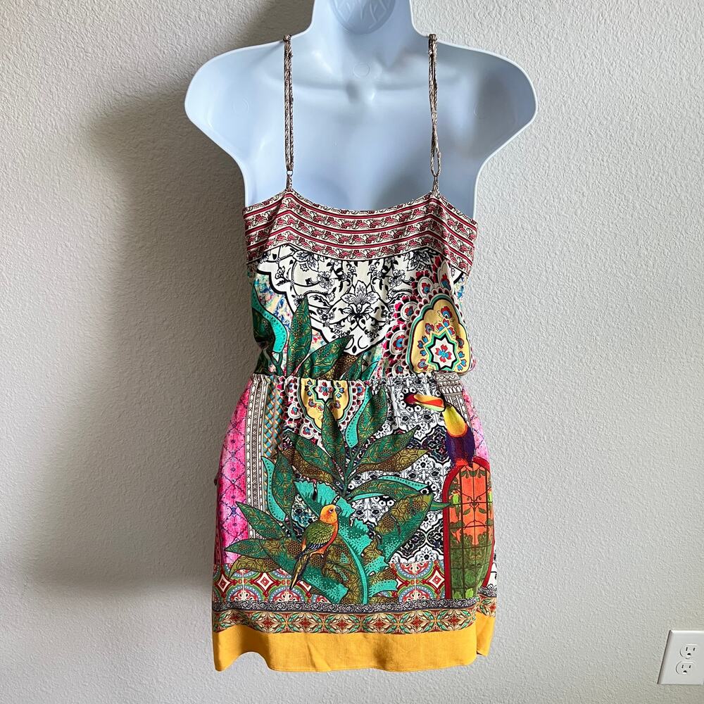 Farm Rio Gayatri Halter Mini Wrap Dress Women's XS Bird Bright Statement Art - Picture 6 of 11